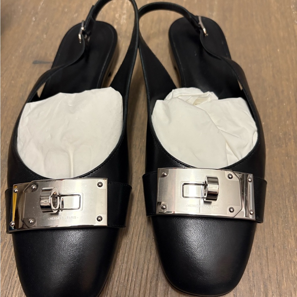 Hermes Black Leather Flats with Silver Buckle size 40